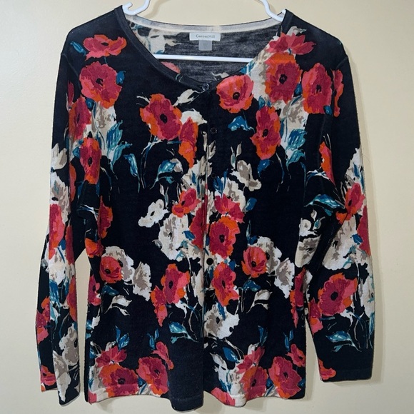 Garnet Hill Floral Black and Red Cardigan Large Merino Wool - Picture 1 of 4